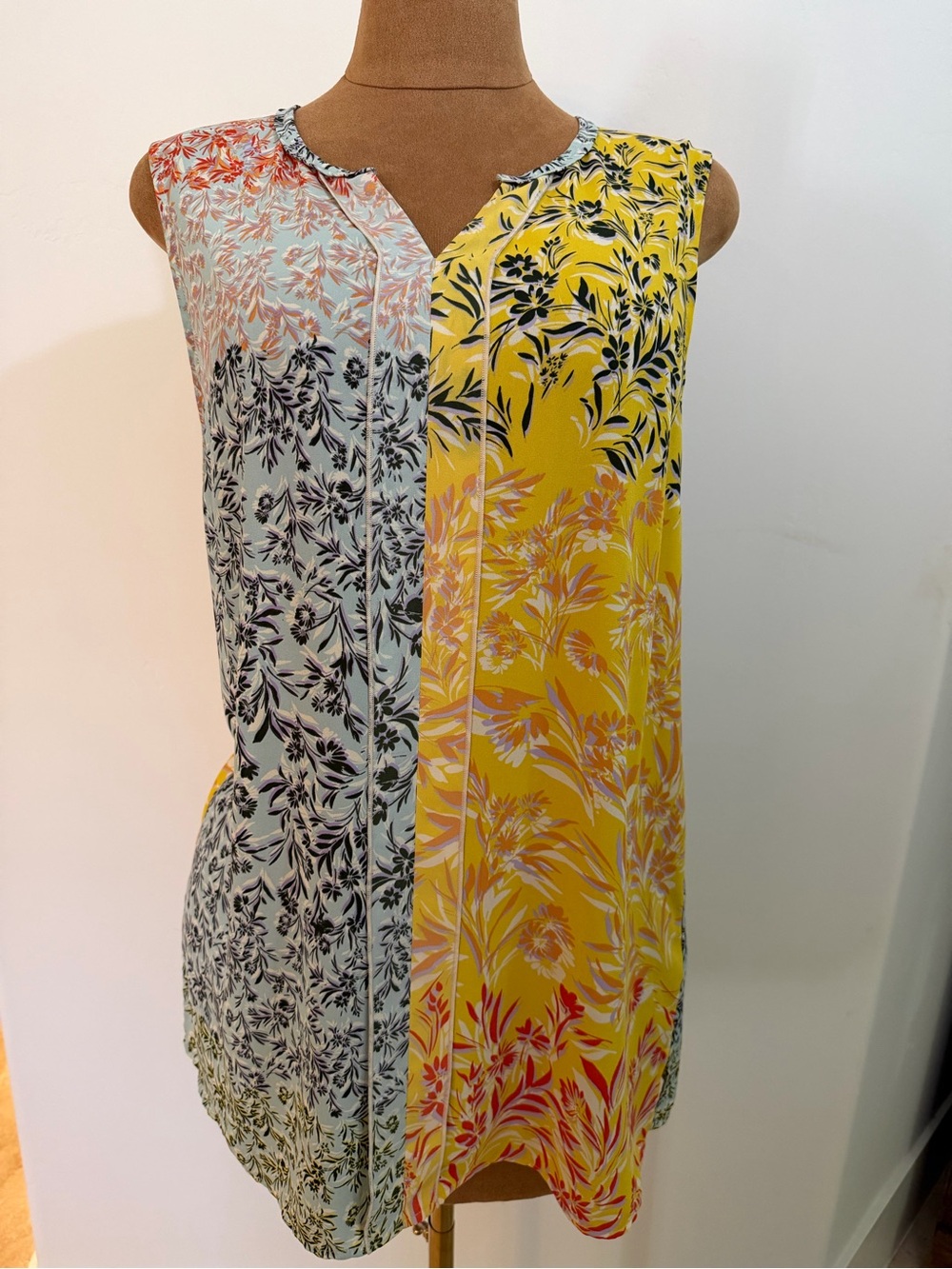 Cani Sleeveless Yellow & Light Blue Floral Split-Panel Sheer Blouse
